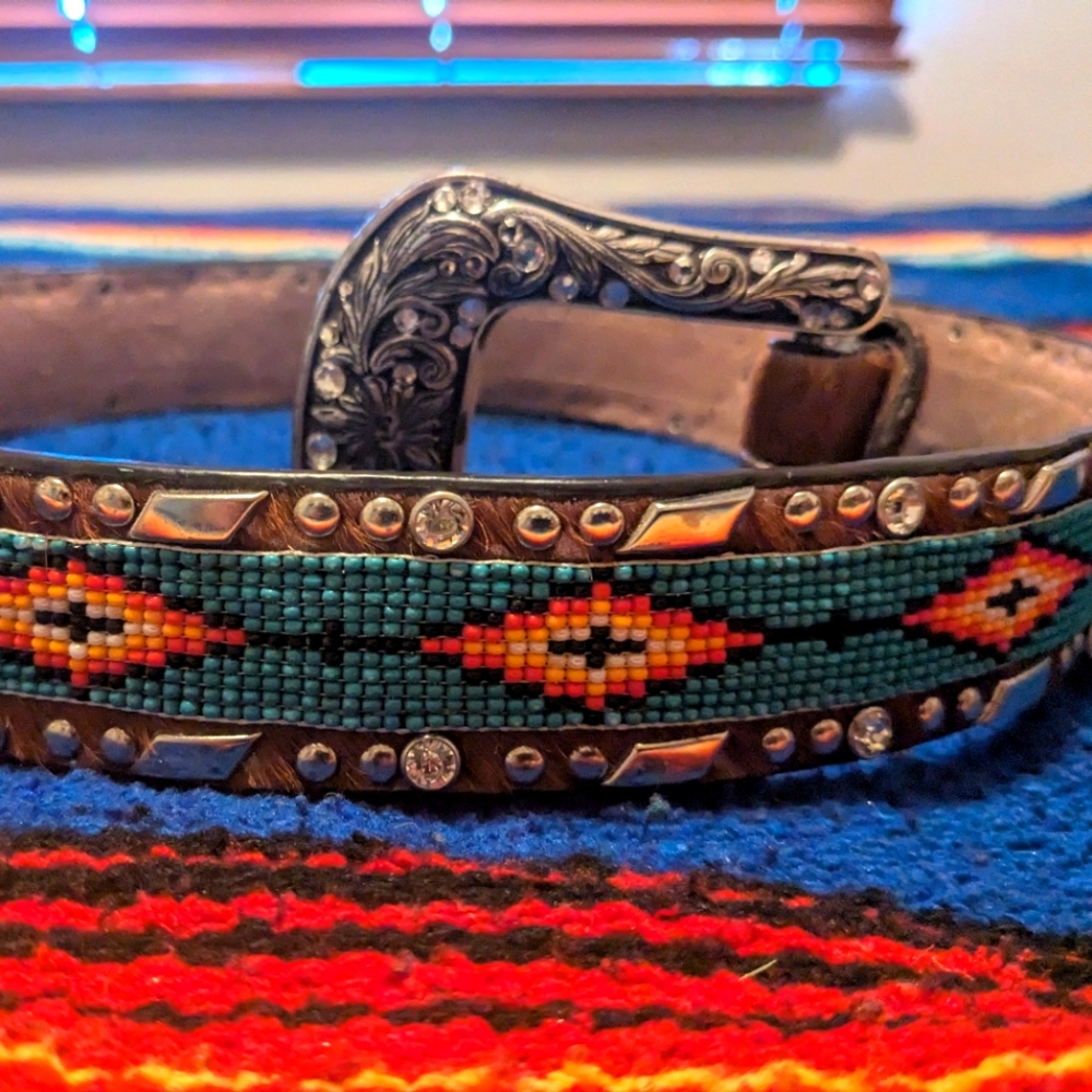 ARIAT leather belt with cowhide, rhinestones and native style beading